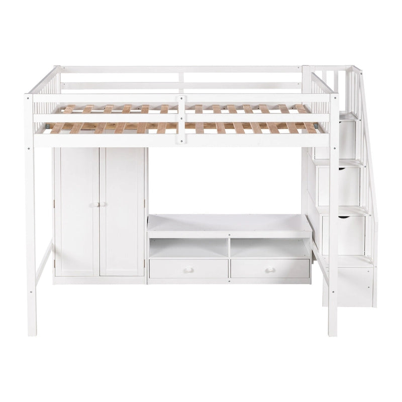 White Full Solid Wood Loft Bed with Wardrobe, Low Table, and Staircase