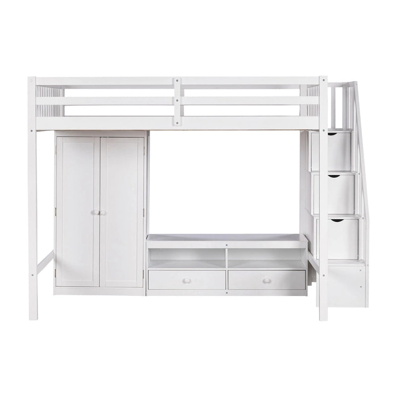 White Full Solid Wood Loft Bed with Wardrobe, Low Table, and Staircase