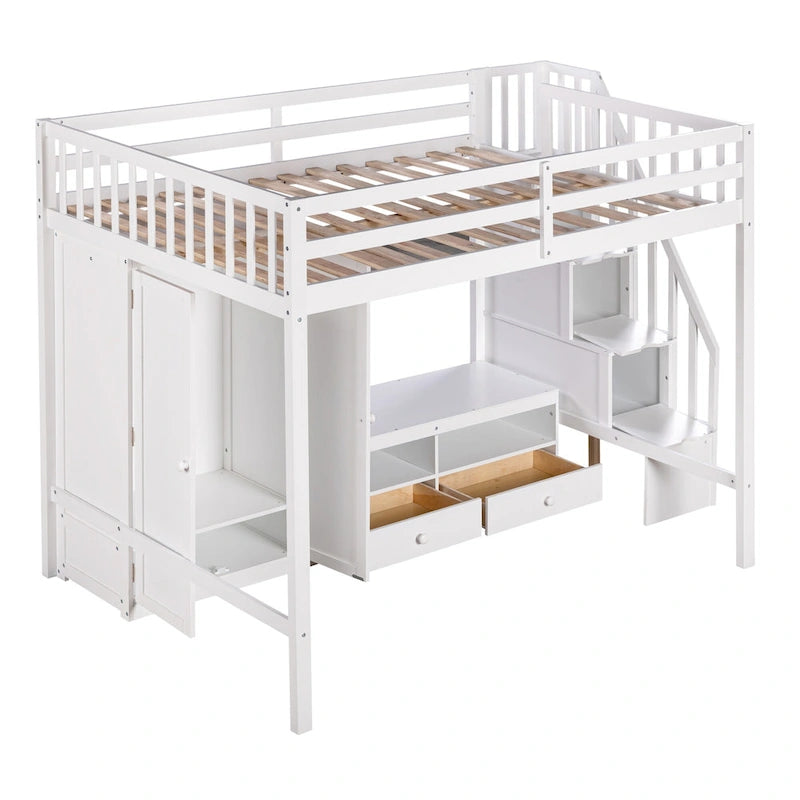 White Full Solid Wood Loft Bed with Wardrobe, Low Table, and Staircase
