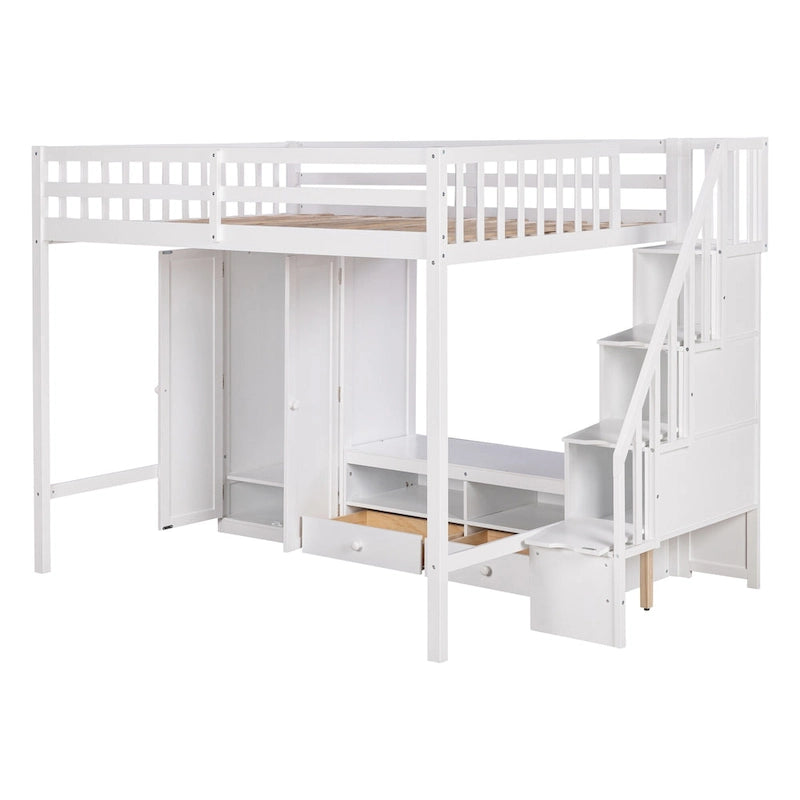 White Full Solid Wood Loft Bed with Wardrobe, Low Table, and Staircase
