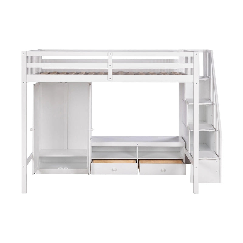 White Full Solid Wood Loft Bed with Wardrobe, Low Table, and Staircase