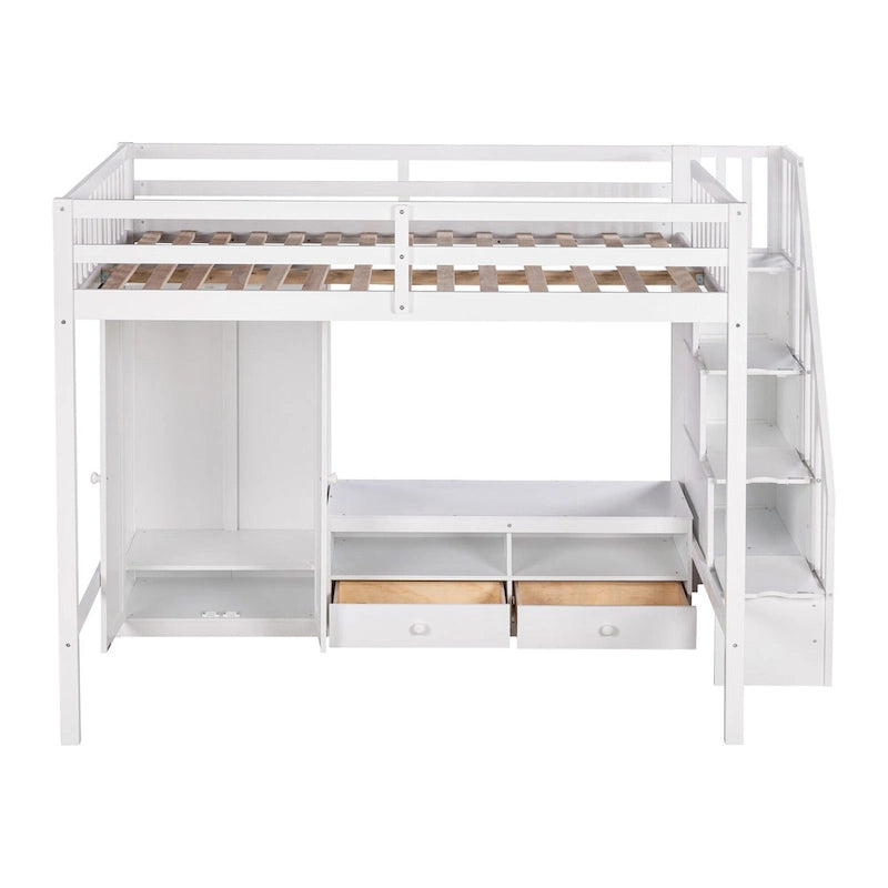 White Full Solid Wood Loft Bed with Wardrobe, Low Table, and Staircase