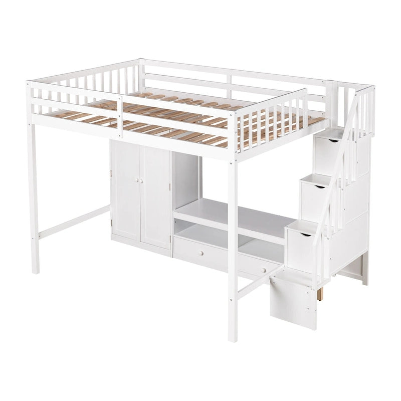 White Full Solid Wood Loft Bed with Wardrobe, Low Table, and Staircase