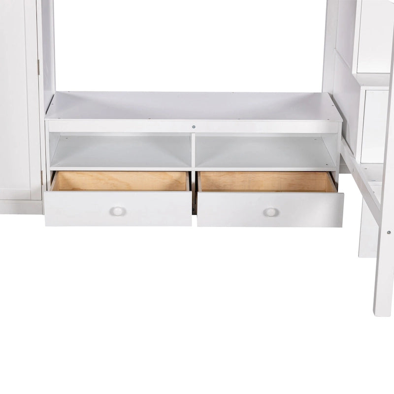 White Full Solid Wood Loft Bed with Wardrobe, Low Table, and Staircase