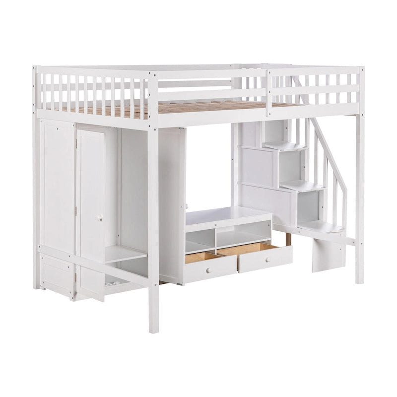 White Full Solid Wood Loft Bed with Wardrobe, Low Table, and Staircase