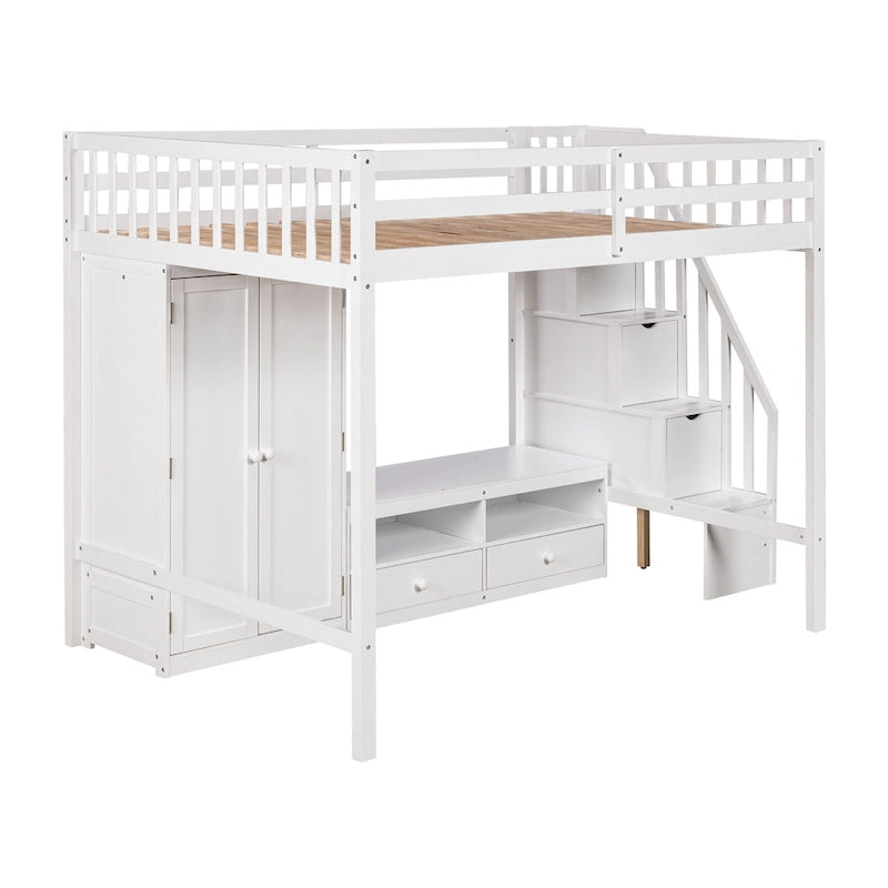 White Full Solid Wood Loft Bed with Wardrobe, Low Table, and Staircase