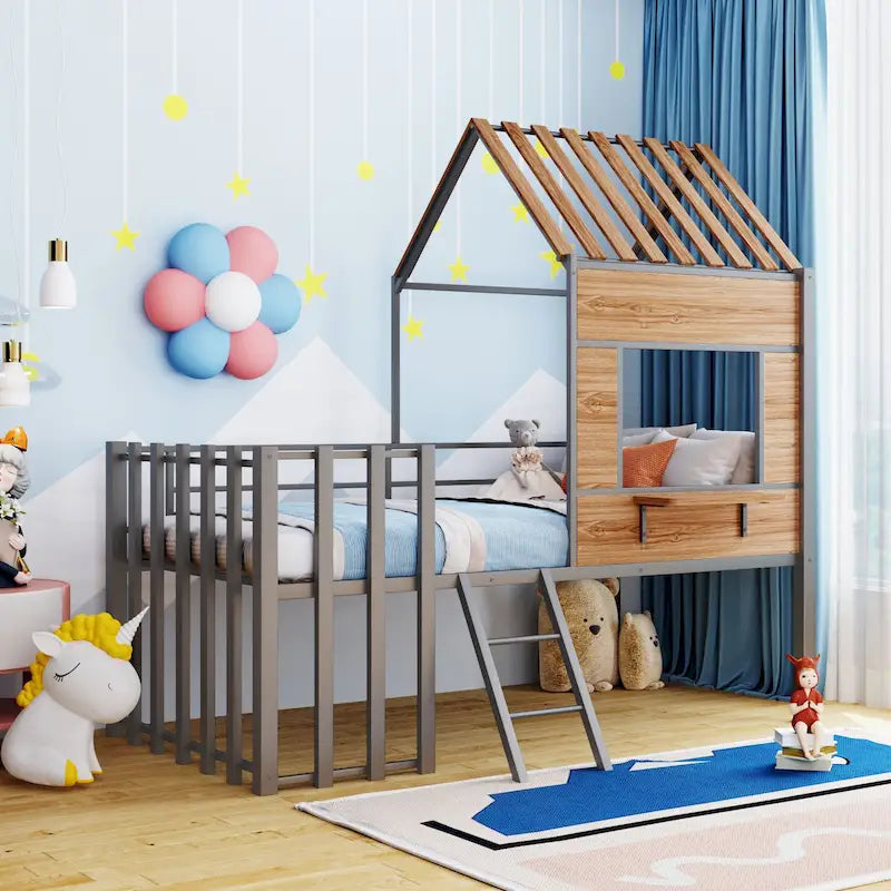 Silver Twin Metal Loft Bed with Roof, Window, Guardrail, Ladder