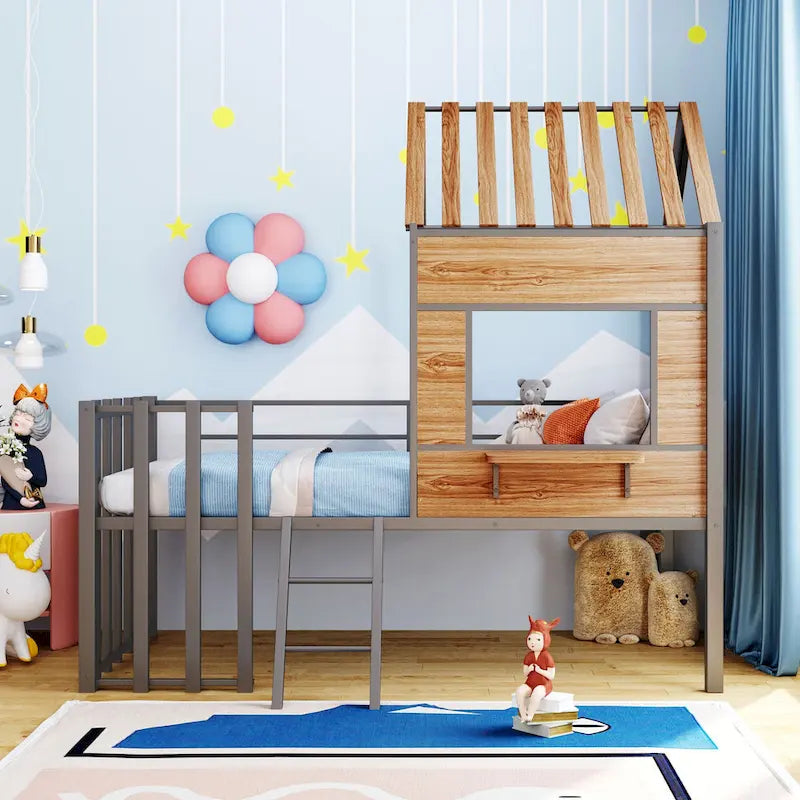 Silver Twin Size Metal Loft Bed with Roof, Window, Guardrail, and Ladder
