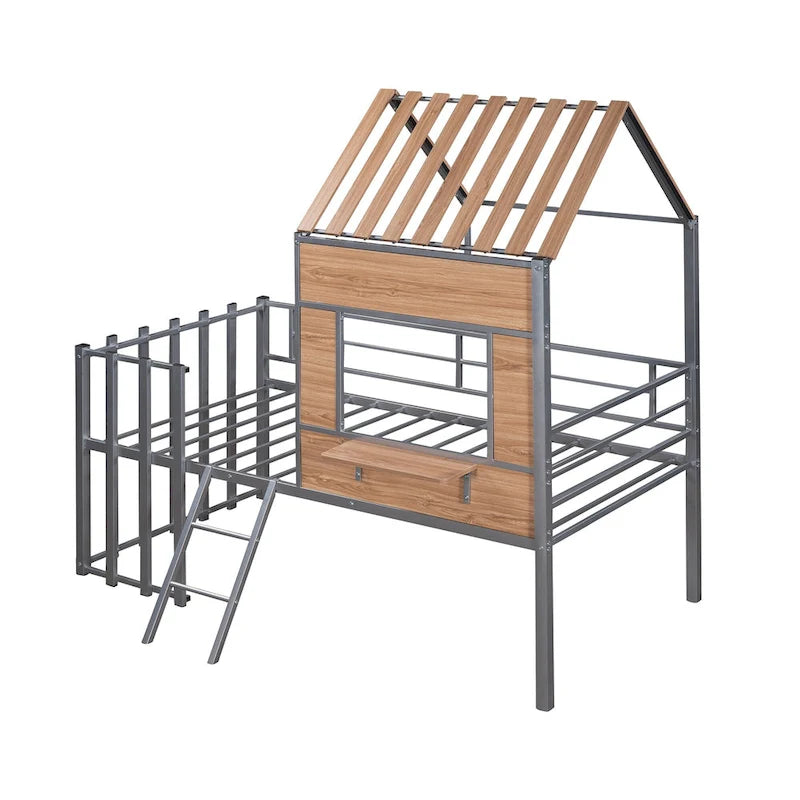 Silver Twin Metal Loft Bed with Roof, Window, Guardrail, Ladder