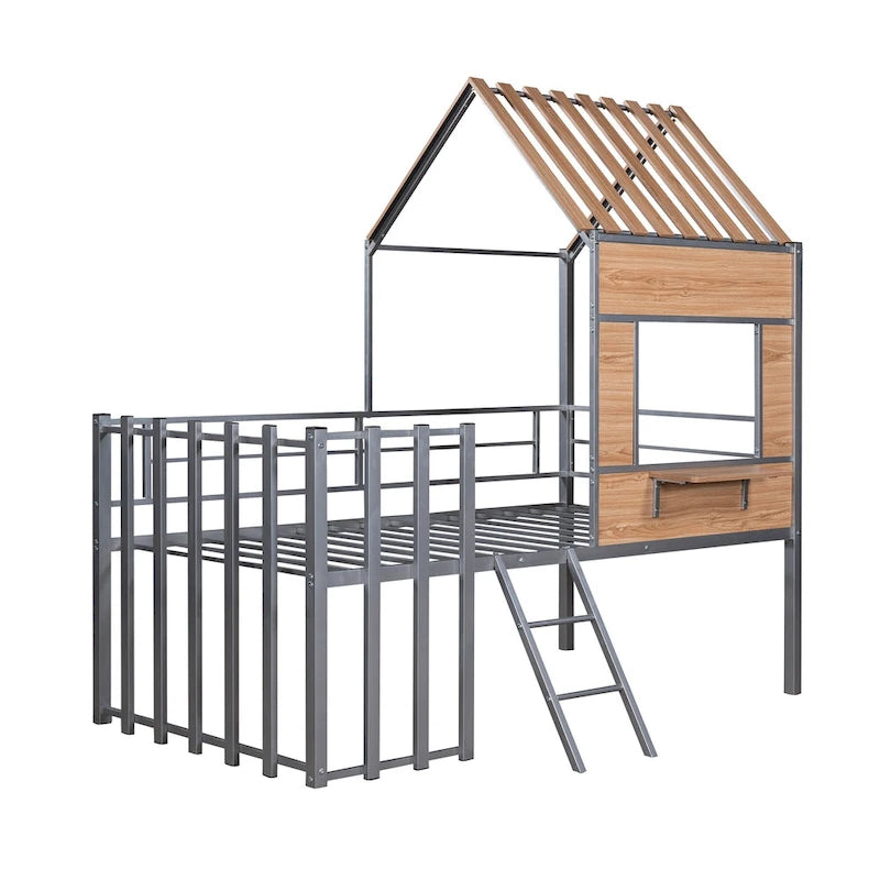 Silver Twin Metal Loft Bed with Roof, Window, Guardrail, Ladder