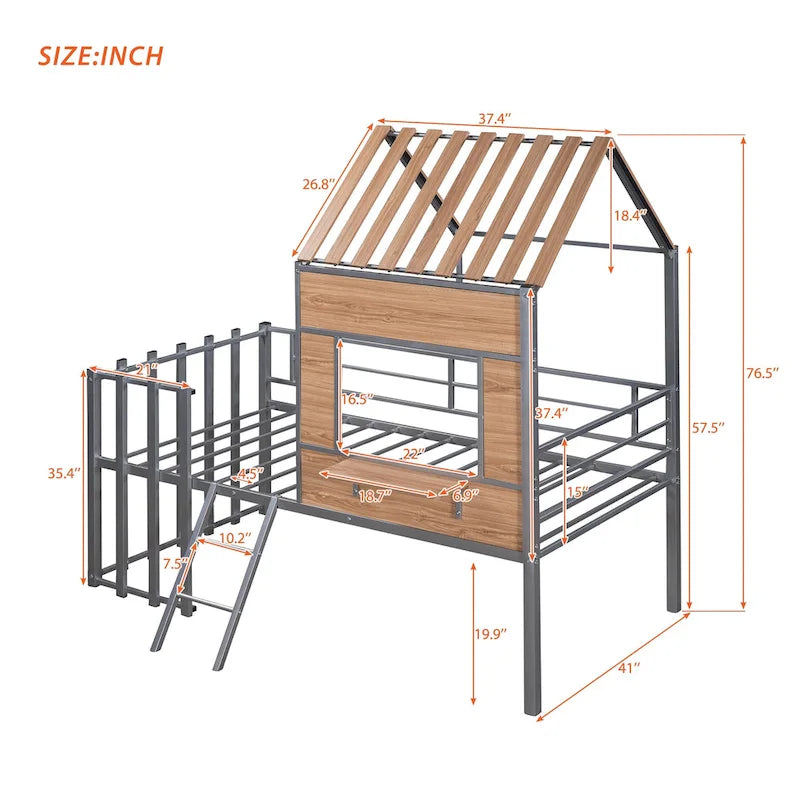 Silver Twin Metal Loft Bed with Roof, Window, Guardrail, Ladder