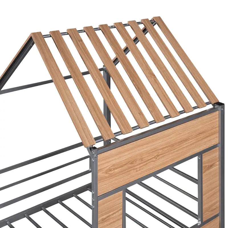 Silver Twin Metal Loft Bed with Roof, Window, Guardrail, Ladder