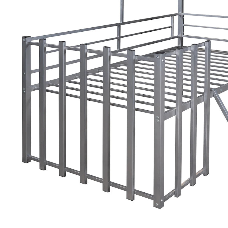Silver Twin Metal Loft Bed with Roof, Window, Guardrail, Ladder