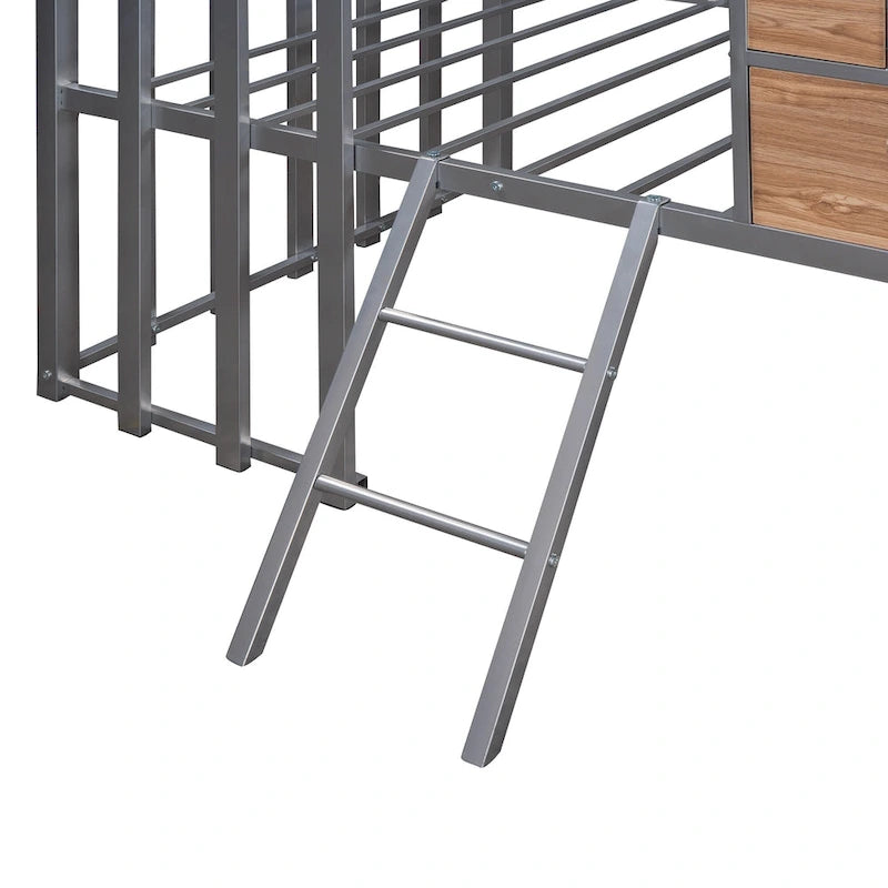 Silver Twin Metal Loft Bed with Roof, Window, Guardrail, Ladder