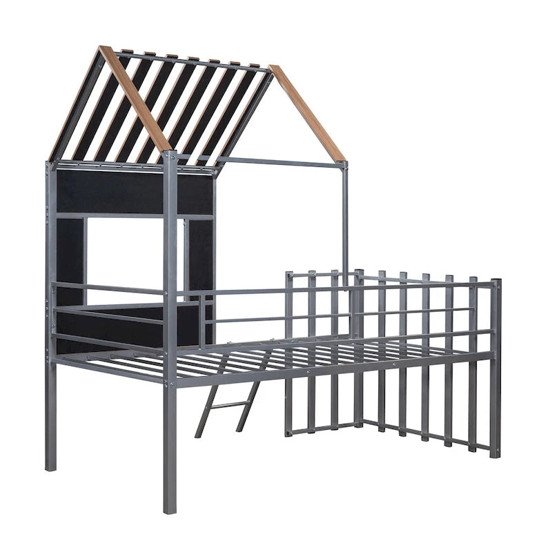 Silver Twin Metal Loft Bed with Roof, Window, Guardrail, Ladder