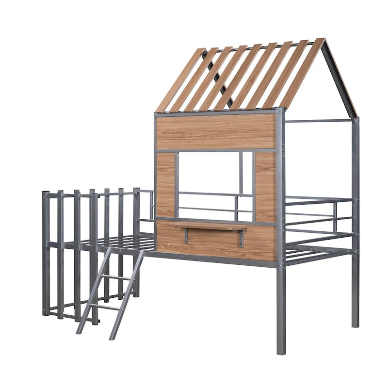 Silver Twin Metal Loft Bed with Roof, Window, Guardrail, Ladder