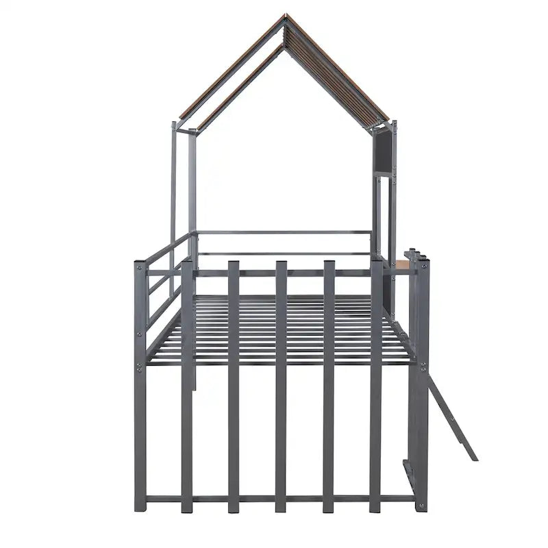 Silver Twin Metal Loft Bed with Roof, Window, Guardrail, Ladder
