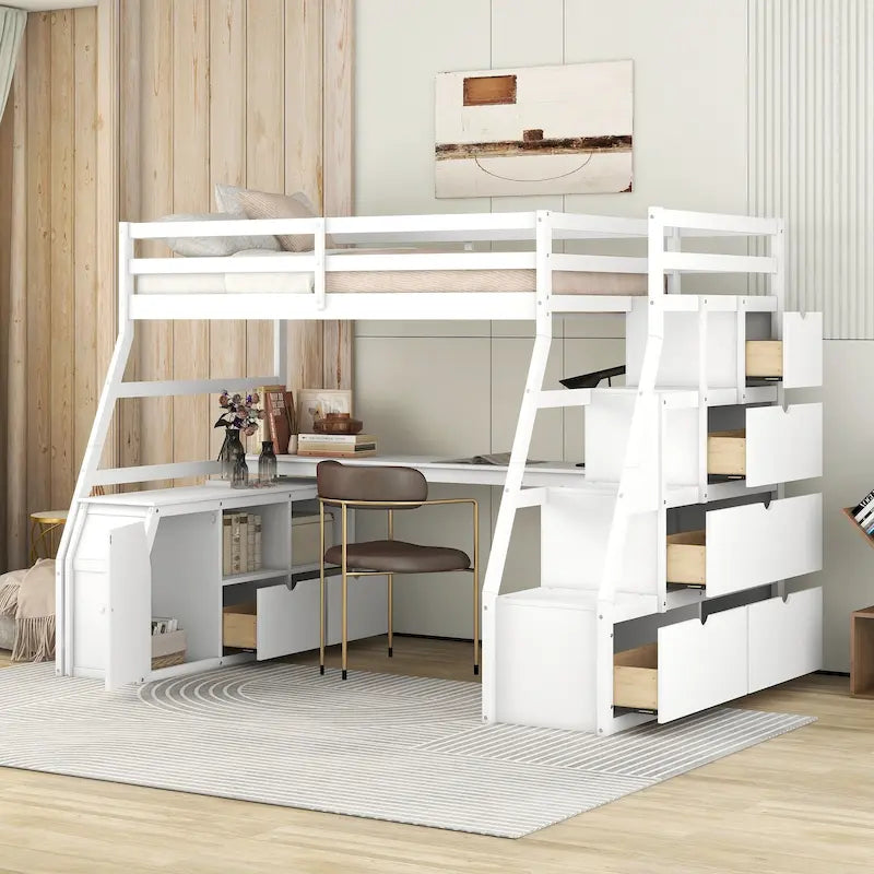 White Twin Wood Loft Bed with Drawers, Shelves, Ladder, and Desk