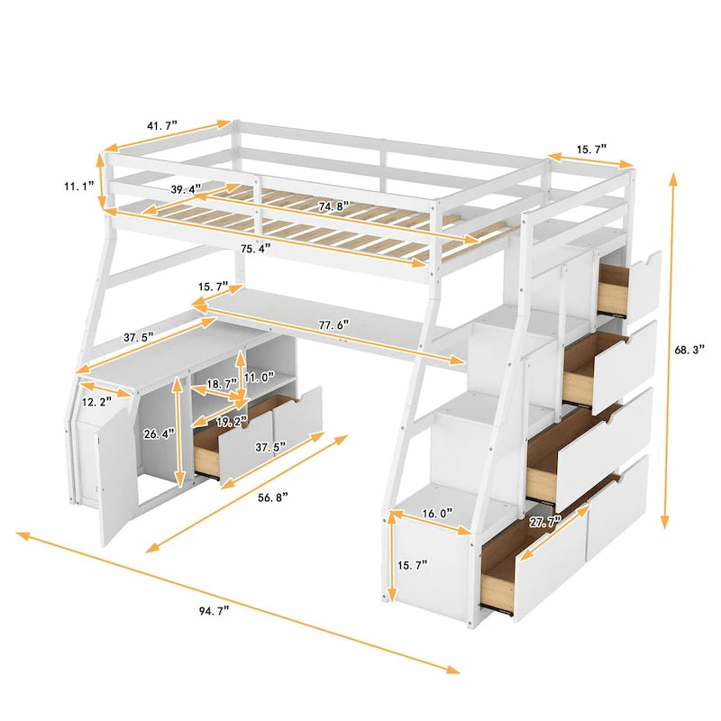White Twin Size Wood Loft Bed with Drawers, Shelves, Ladder, and Desk