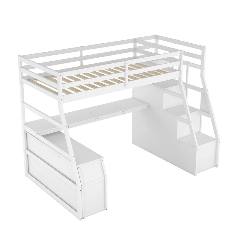 White Twin Wood Loft Bed with Drawers, Shelves, Ladder, and Desk