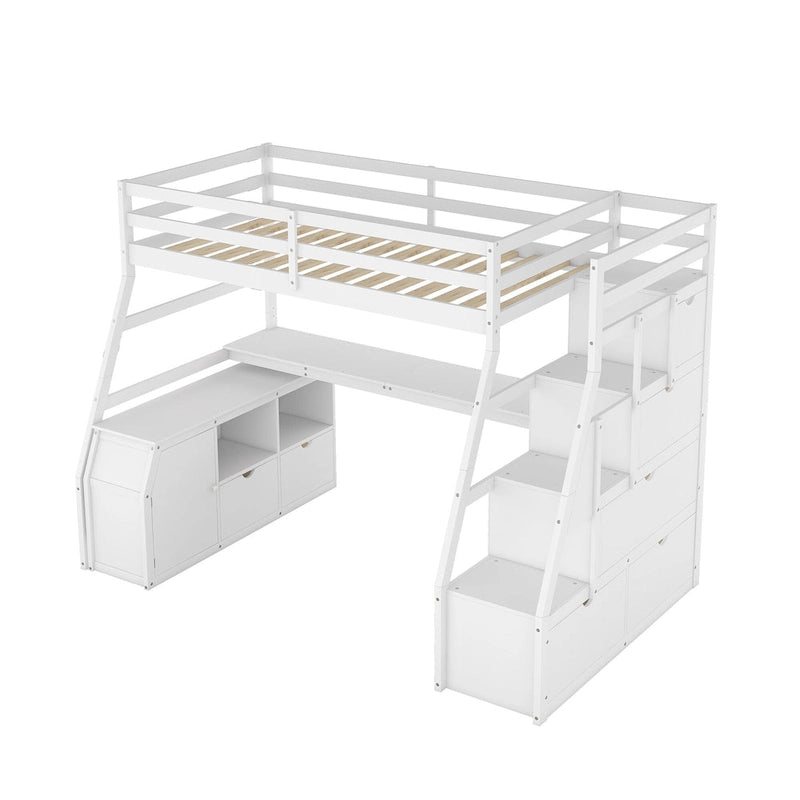 White Twin Wood Loft Bed with Drawers, Shelves, Ladder, and Desk