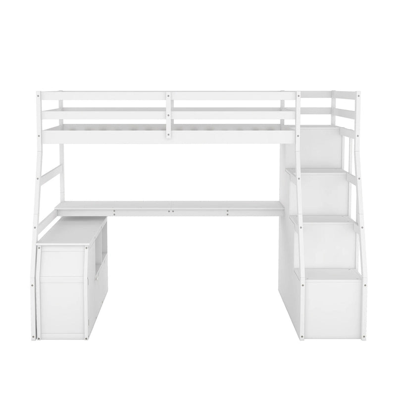 White Twin Wood Loft Bed with Drawers, Shelves, Ladder, and Desk