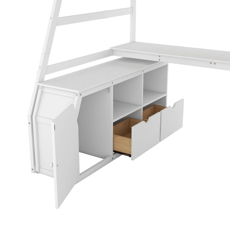 White Twin Wood Loft Bed with Drawers, Shelves, Ladder, and Desk