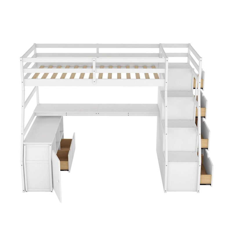 White Twin Wood Loft Bed with Drawers, Shelves, Ladder, and Desk