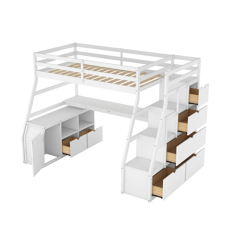White Twin Wood Loft Bed with Drawers, Shelves, Ladder, and Desk
