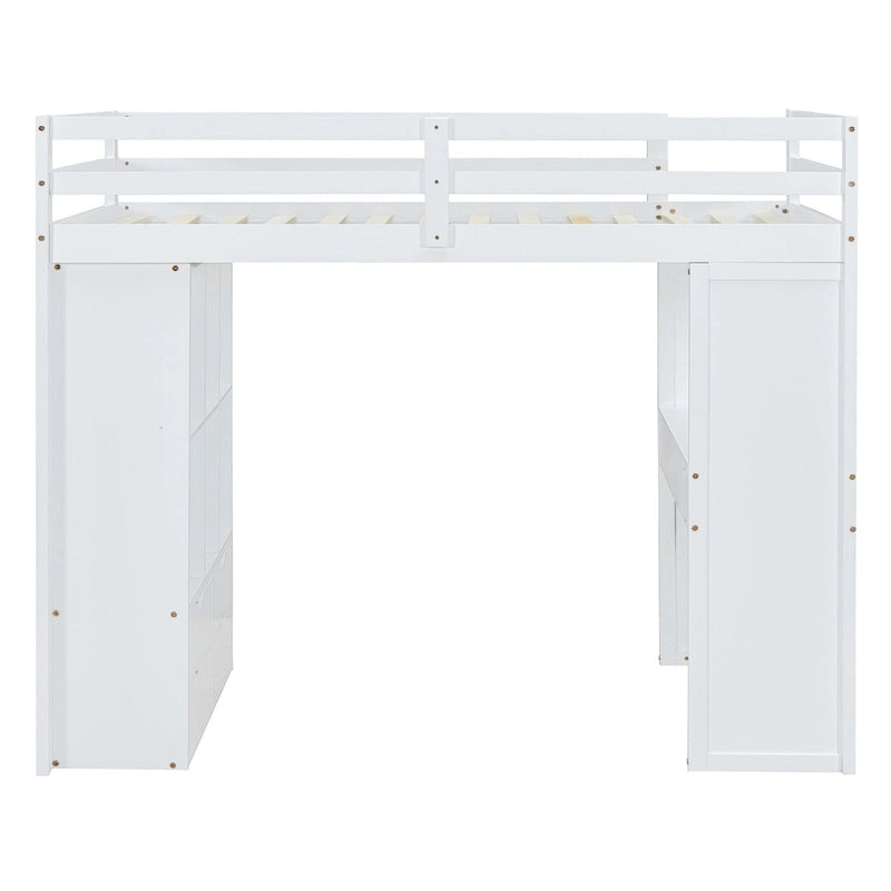 White Twin Size Solid Wood Loft Bed with Shelves and LED Light
