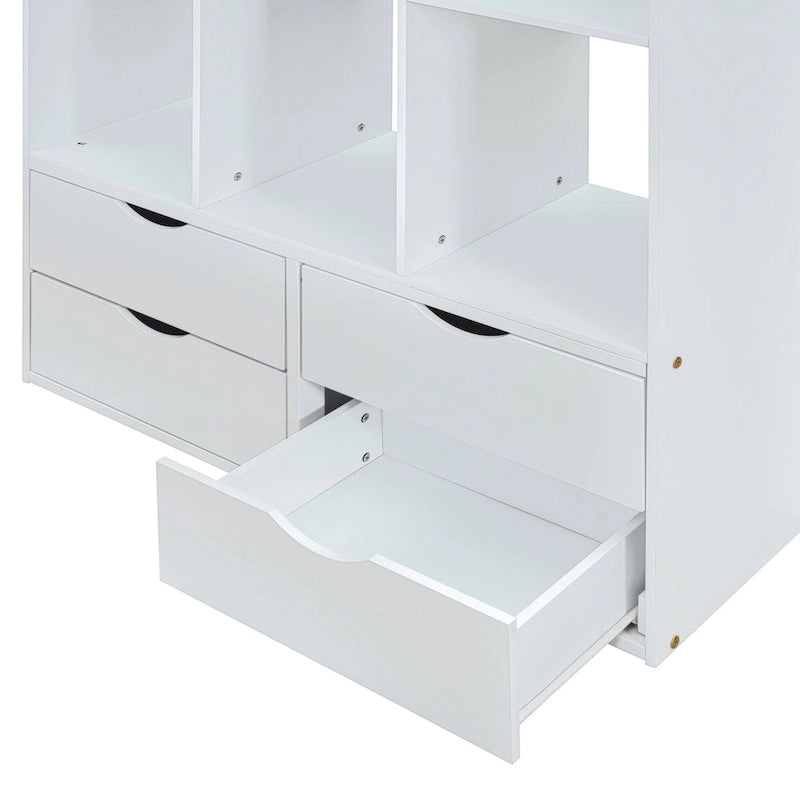 White Twin Solid Wood Loft Bed with Shelves and LED Light