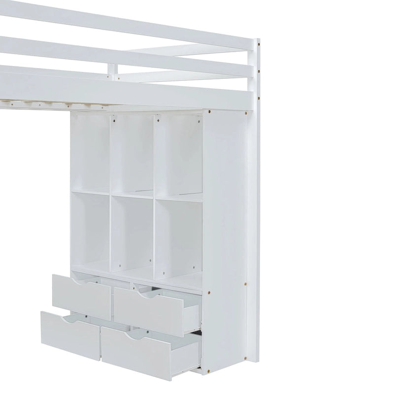 White Twin Solid Wood Loft Bed with Shelves and LED Light