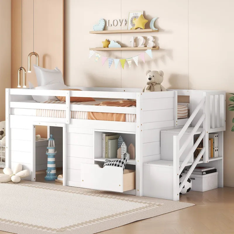 White Twin Solid Wood Low Loft Bed with Stairs, Drawer, and Shelf