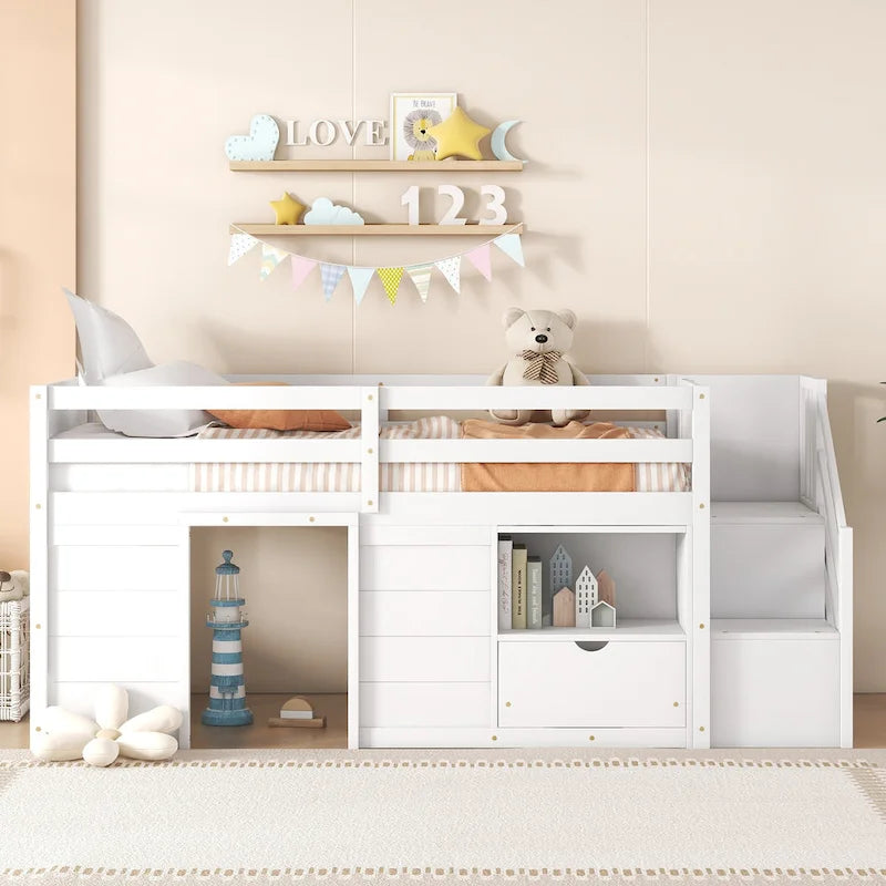 White Twin Size Solid Wood Low Loft Bed with Stair, Drawer, and Shelf for Bedroom