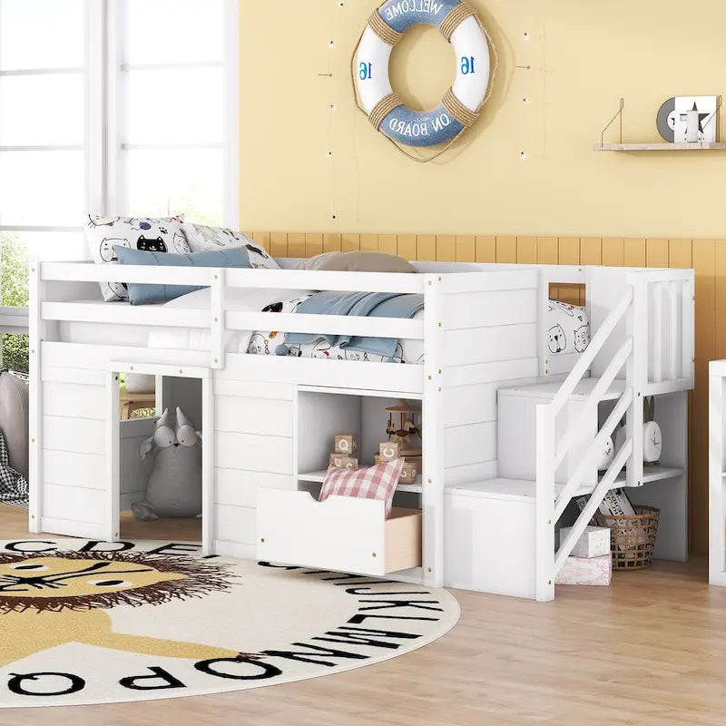 White Twin Solid Wood Low Loft Bed with Stairs, Drawer, and Shelf