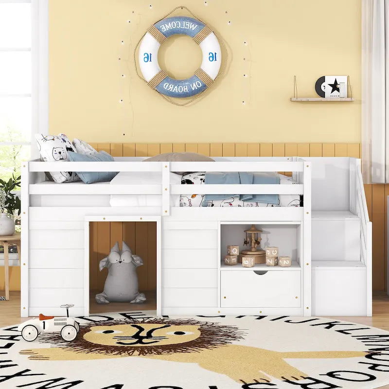 White Twin Solid Wood Low Loft Bed with Stairs, Drawer, and Shelf