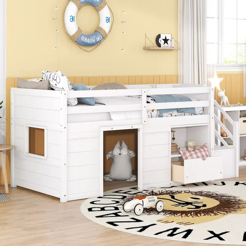 White Twin Solid Wood Low Loft Bed with Stairs, Drawer, and Shelf