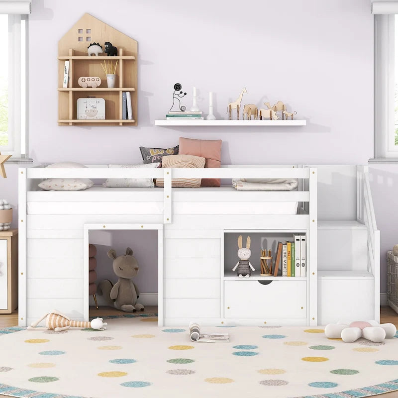 White Twin Solid Wood Low Loft Bed with Stairs, Drawer, and Shelf