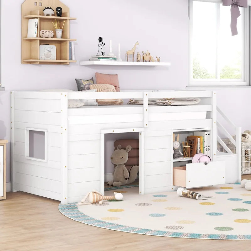 White Twin Solid Wood Low Loft Bed with Stairs, Drawer, and Shelf