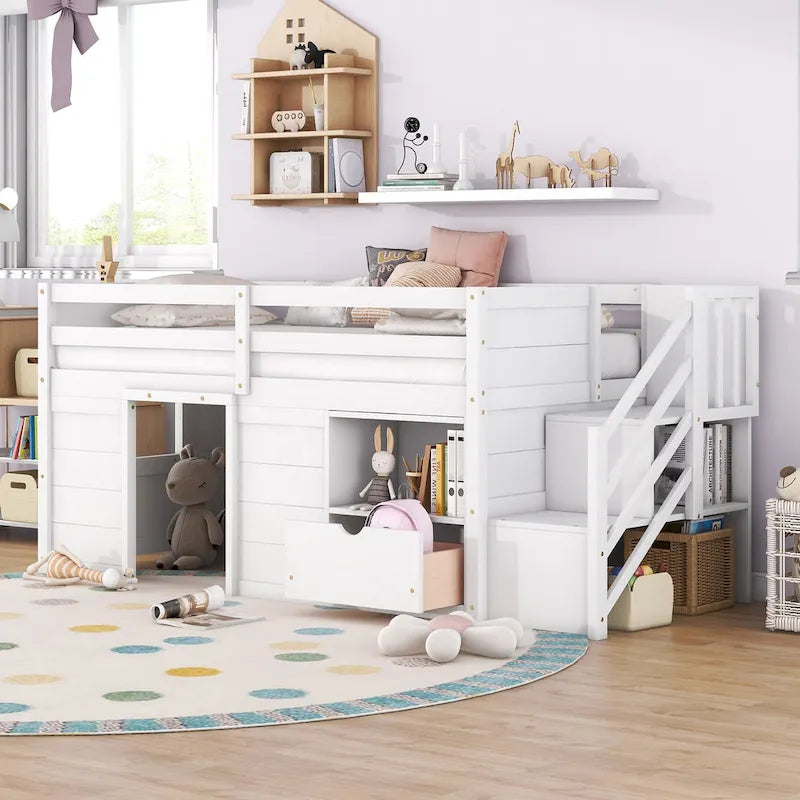White Twin Solid Wood Low Loft Bed with Stairs, Drawer, and Shelf