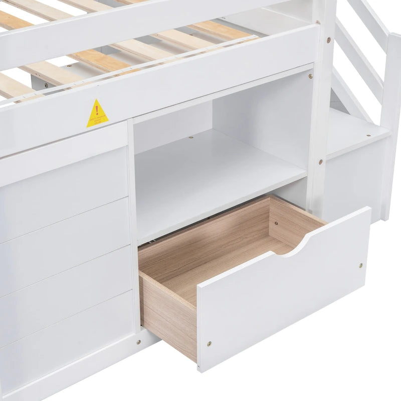 White Twin Solid Wood Low Loft Bed with Stairs, Drawer, and Shelf