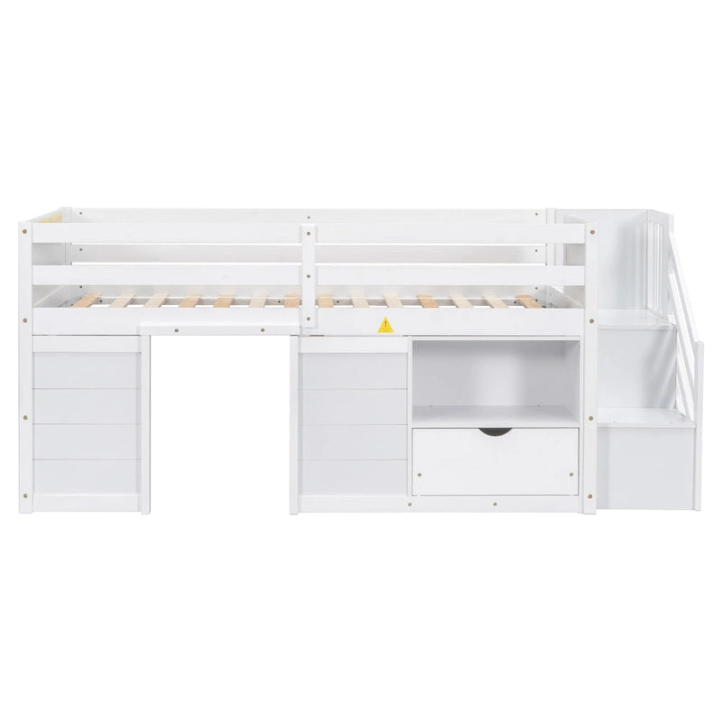 White Twin Solid Wood Low Loft Bed with Stairs, Drawer, and Shelf
