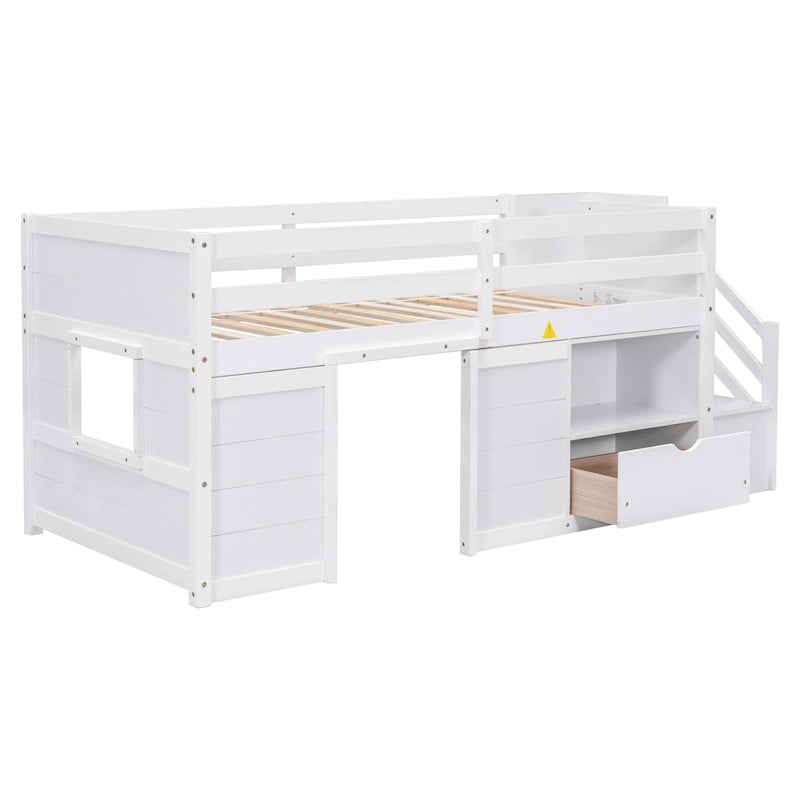 White Twin Solid Wood Low Loft Bed with Stairs, Drawer, and Shelf