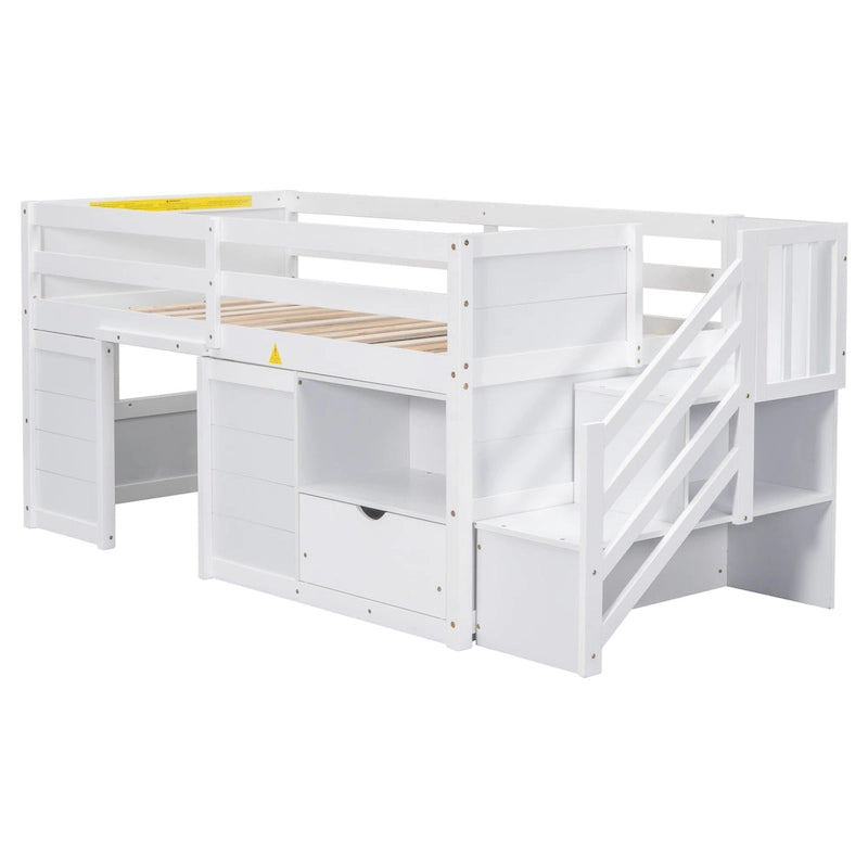 White Twin Solid Wood Low Loft Bed with Stairs, Drawer, and Shelf