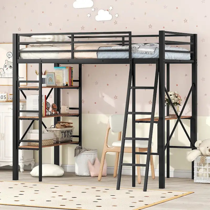 Black Twin Metal Loft Bed with Shelves and Desk for Kids