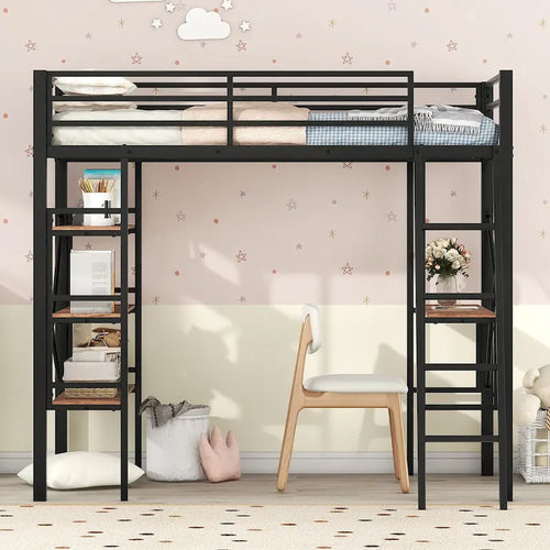 Black Twin Size Metal Loft Bed with Shelves and Desk for Kids, Boys and girls, Bedroom