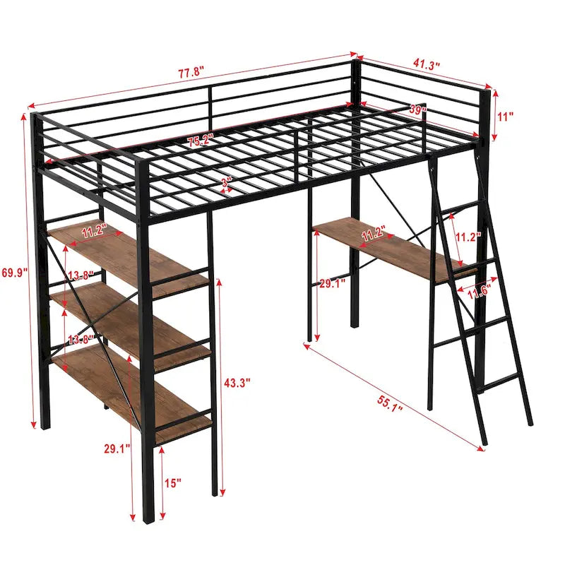 Black Twin Metal Loft Bed with Shelves and Desk for Kids