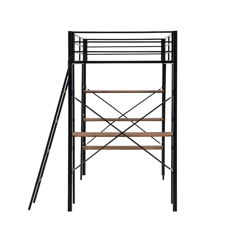 Black Twin Metal Loft Bed with Shelves and Desk for Kids