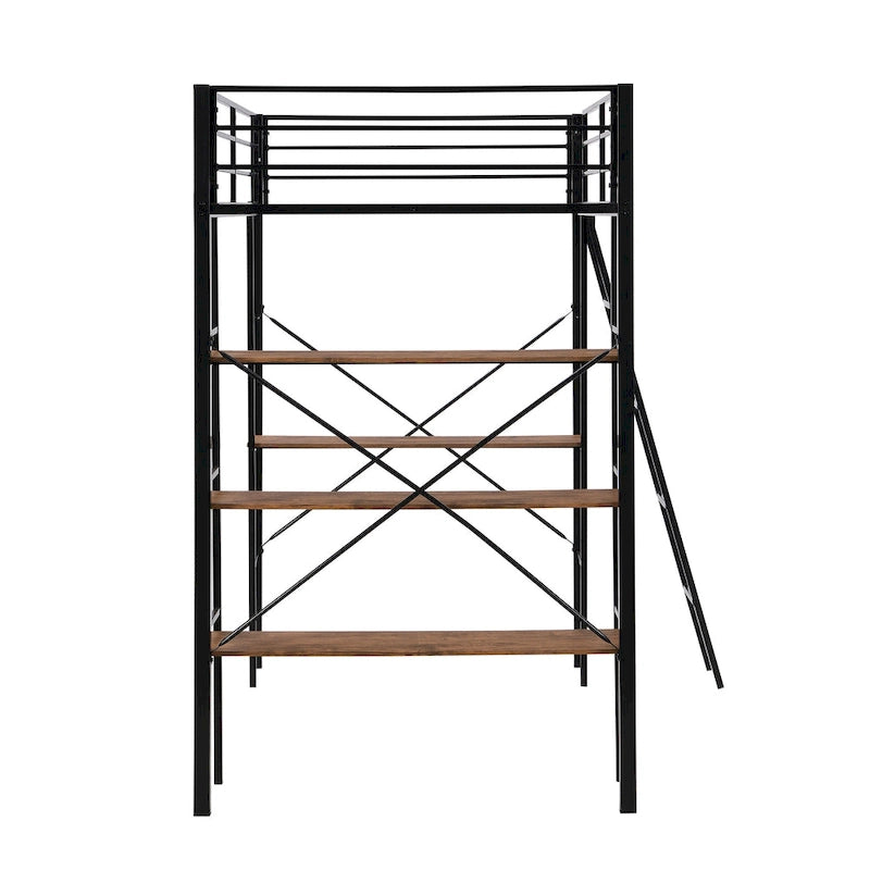 Black Twin Metal Loft Bed with Shelves and Desk for Kids