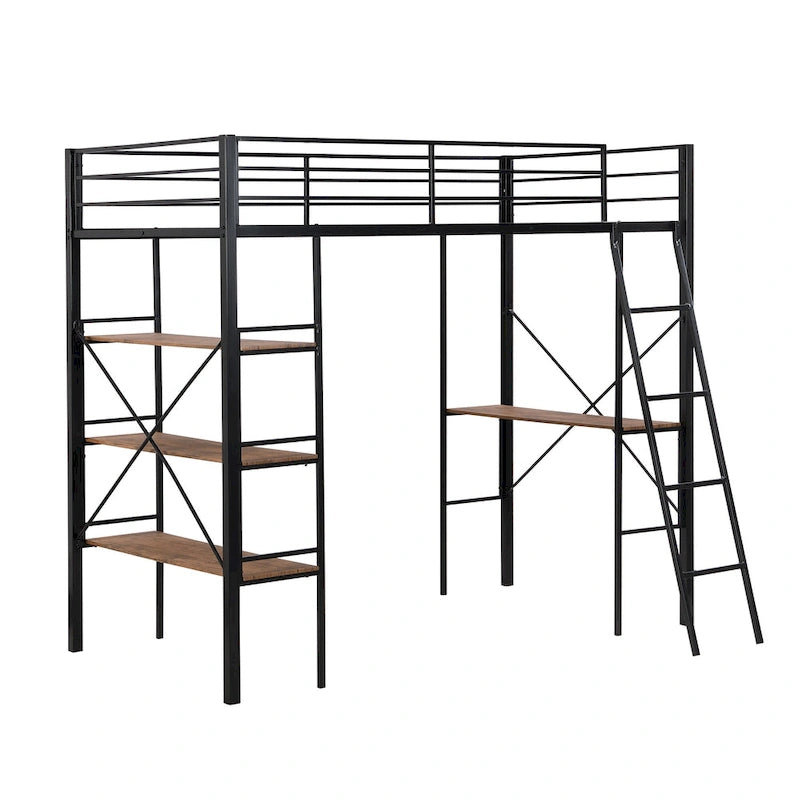 Black Twin Metal Loft Bed with Shelves and Desk for Kids
